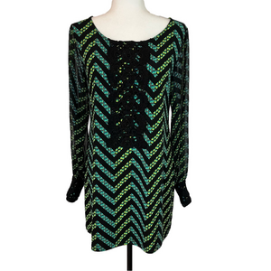 Alfani Women’s Green Black Chevron Sheer Long Sleeve Tunic Dress Stretch XS Goth